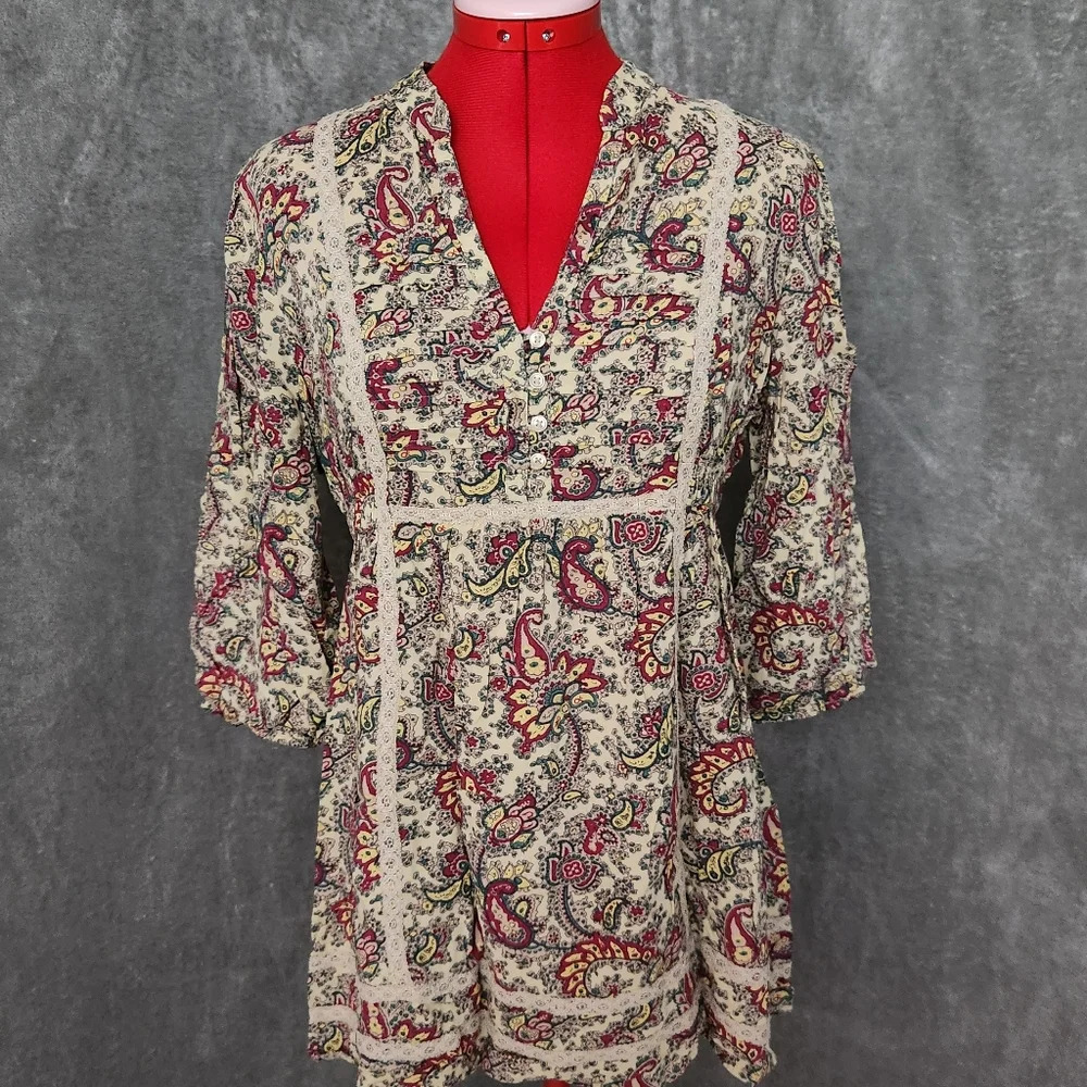 Red Camel Paisley Boho Peasant Blouse Lace Trim 3/4 Sleeve Women's Size M